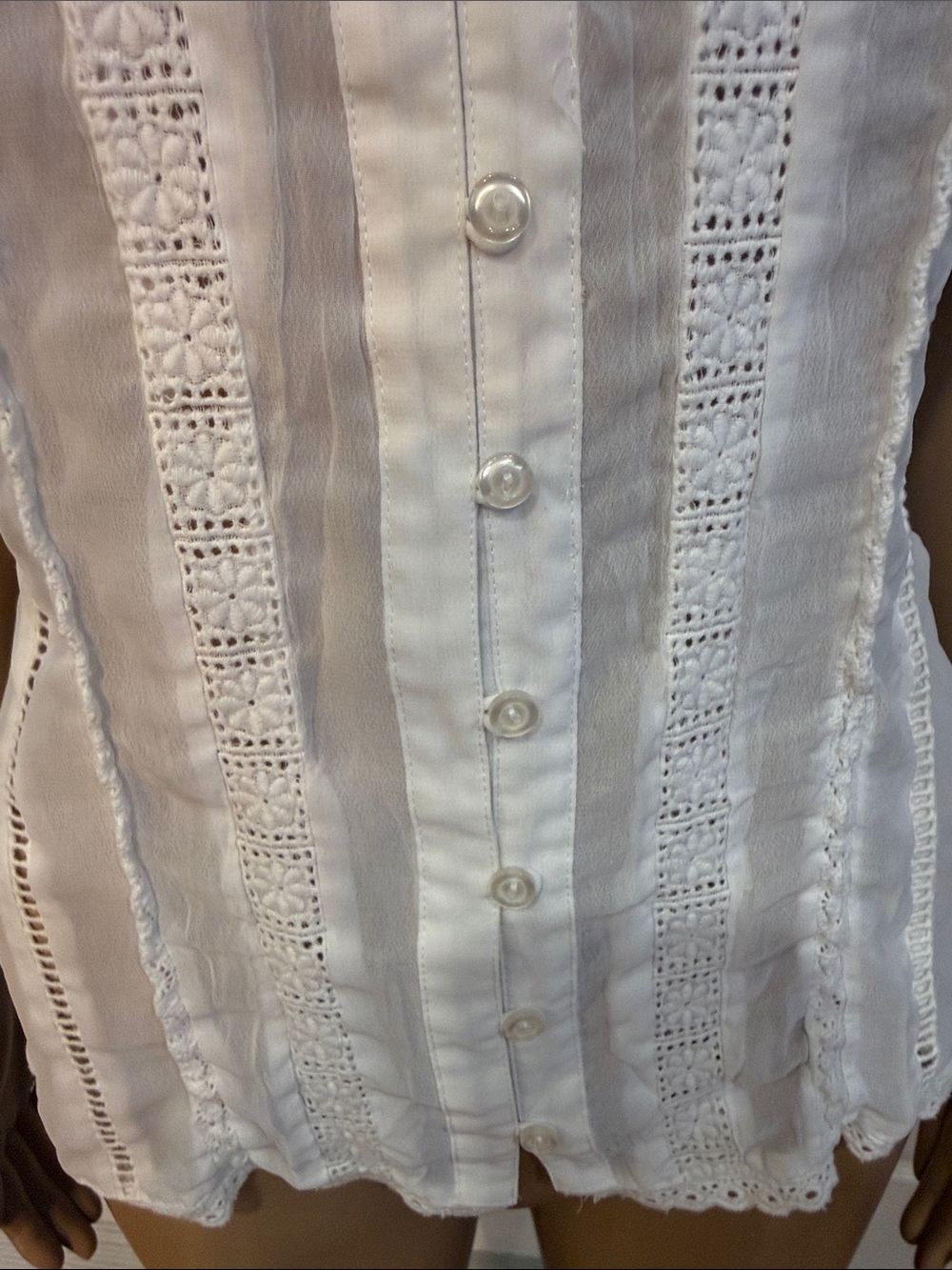 NY Collection White Ruffled Eyelet Button-Front Blouse - Picture 6 of 16